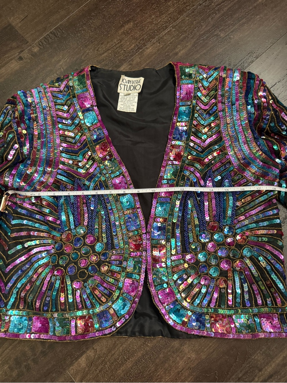 Vintage Joan Leslie Studio Silk Beaded Sequin Cropped Jacket Black Jewel Tone - Picture 8 of 13